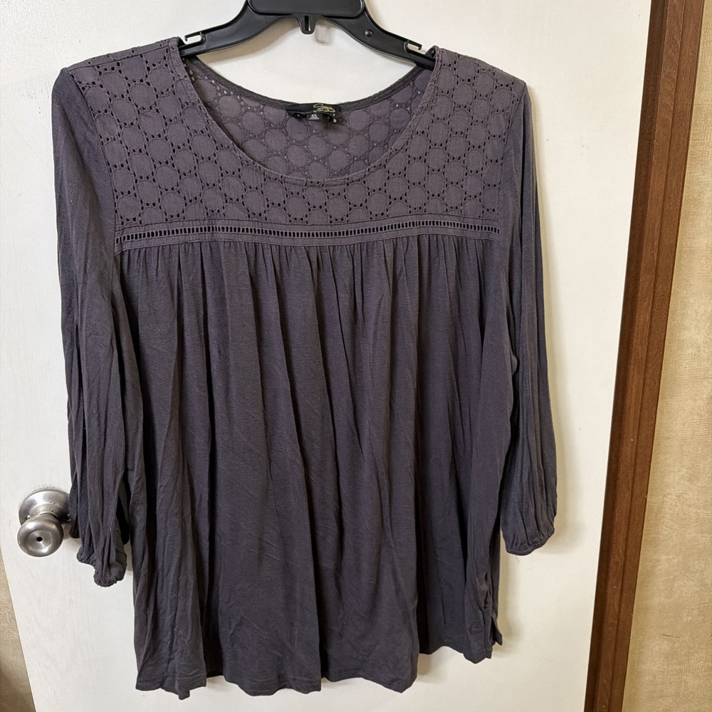 Suzanne Betro, Gray Babydoll Style Top Boho Peasant 3/4 Sleeve Sz 2X